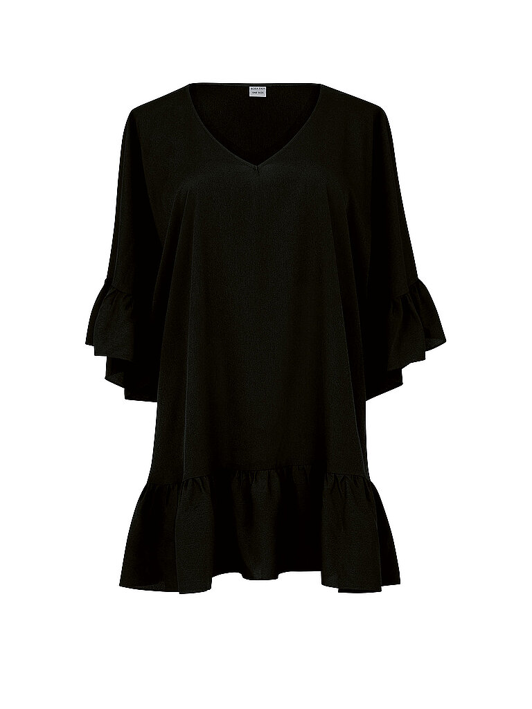 Anita V-Ausschnitt Kleid Gerüschter Saum Polyester Schwarz