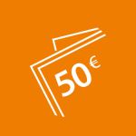 Weißes Symbol aus zwei überlappenden Geldscheinen mit „50 €“ in der Mitte, auf orangefarbenem Hintergrund.