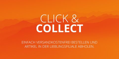 Orangefarbener Hintergrund mit dem Text „CLICK & COLLECT“ in Weiß. Unten in kleinerer weißer Schrift: „Einfach versandkostenfrei bestellen und Artikel in der Lieblingsfiliale abholen.“.