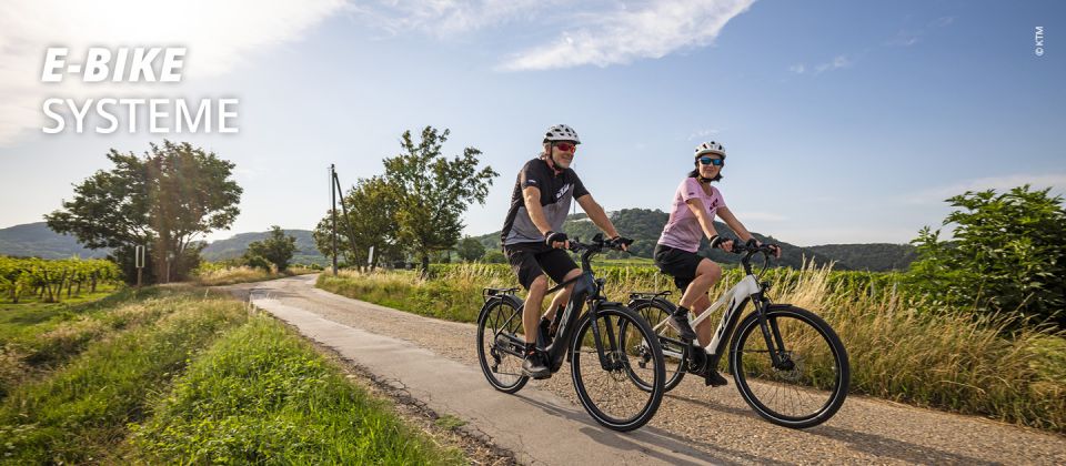Zwei Personen fahren mit E-Bikes auf einer Landstraße, umgeben von üppigem Grün und fernen Hügeln unter blauem Himmel. Sie tragen Helme und legere Radsportkleidung. Die Szene vermittelt ein Gefühl von Outdoor-Spaß und Abenteuer.