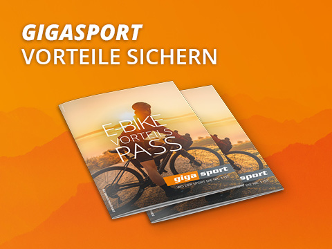 Magazincover mit dem Text „Gigasport Vorteile sichern“ und „E-Bike Vorteilspass“. Zeigt eine Person, die bei Sonnenuntergang Fahrrad fährt. Der Hintergrund ist ein Farbverlauf aus Orangetönen.