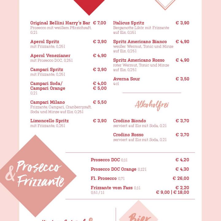 Eine Speisekarte mit italienischen Aperitivo-Optionen. Die Gerichte umfassen verschiedene Spritz-, Wein- und Biersorten mit Preisen. Die Abschnitte sind Aperitivo, Prosecco & Frizzante und Bier. Rot-weißes Design mit deutschem Text und Euro-Preisen.