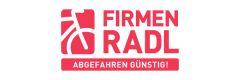 Das Logo zeigt ein stilisiertes weißes Fahrradsymbol auf rotem Hintergrund, daneben steht in fetten roten Buchstaben „FIRMEN RADL“. Darunter steht auf einem roten Banner mit weißer Schrift „ABGEFAHREN GÜNSTIG!“.