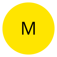 Ein leuchtend gelber Kreis mit dem Buchstaben „M“ in fetter schwarzer Schrift in der Mitte.