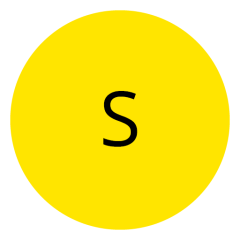 Ein gelber Kreis mit einem schwarzen Buchstaben „S“ in der Mitte.