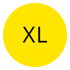 Ein gelber Kreis mit den schwarzen Buchstaben „XL“ in der Mitte weist auf eine extragroße Größe hin.