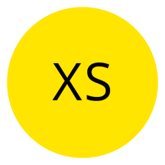 Ein leuchtend gelber runder Knopf mit schwarzem Text in der Mitte, auf dem „XS“ steht, was möglicherweise auf eine besonders kleine Größe hinweist.