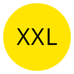 Gelber Kreis mit den Buchstaben „XXL“ in fettem schwarzen Text in der Mitte darin.