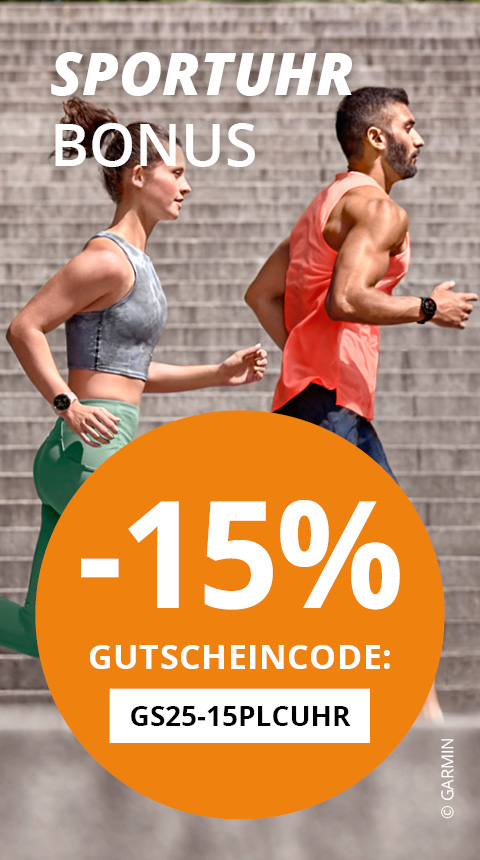 Ein Mann und eine Frau laufen auf Treppen. Beide tragen Sportuhren. Der Text lautet „Sportuhr Bonus“ und bietet „-15% Gutschein: GS25-15PLCUSR“ mit orangefarbenem Hintergrund, der den Rabatt hervorhebt.