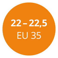 Ein orangefarbener Kreis mit weißem Text mit der Anzeige „22 – 22,5 EU 35“.