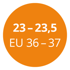 Orangefarbener Kreis mit weißem Text zur Anzeige der Schuhgrößen: „23-23,5“ und „EU 36-37“.