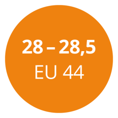 Orangefarbener Kreis mit weißem Text, der einen Schuhgrößenbereich anzeigt: „28 – 28,5“, gefolgt von „EU 44“.