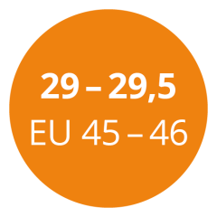 Ein orangefarbener Kreis mit dem weißen Text „29 – 29,5 EU 45 – 46“, der die Schuhgrößen in Zentimetern und europäischen Größen angibt.