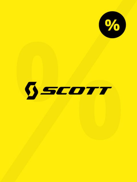 Gelber Hintergrund mit dem schwarzen Wort „Scott“ und einem stilisierten „S“-Logo. Im Hintergrund ist schwach ein großes Prozentzeichen zu erkennen, in der oberen rechten Ecke befindet sich ein kleineres schwarzes Prozentzeichen in einem schwarzen Kreis.