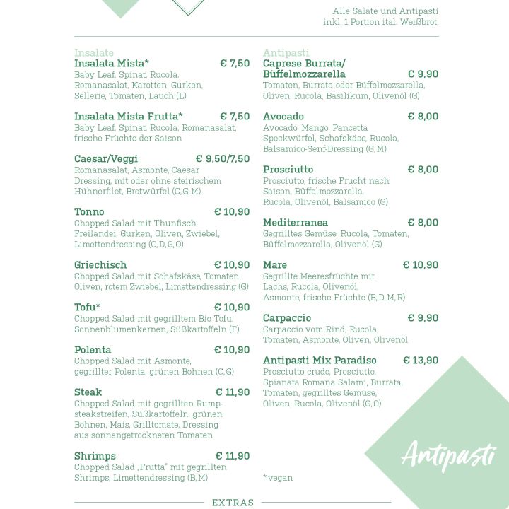 Eine Speisekarte mit Abschnitten für Salate und Antipasti. Dazu gehören Gerichte wie Insalata Mista, Caesar/Vegan, Caprese Burrata und Carpaccio. Zusätzliche Beläge sind unten aufgeführt und kosten zusätzlich. Die Preise sind in Euro angegeben.