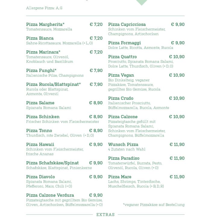 Speisekarte mit verschiedenen Pizzen mit Belägen wie Mozzarella, Champignons, Salami, Artischocken und mehr sowie Preisen. Glutenfreie Option gegen Aufpreis erhältlich. Getränke und Extras wie Knoblauchöl und veganer Käse sind aufgeführt.