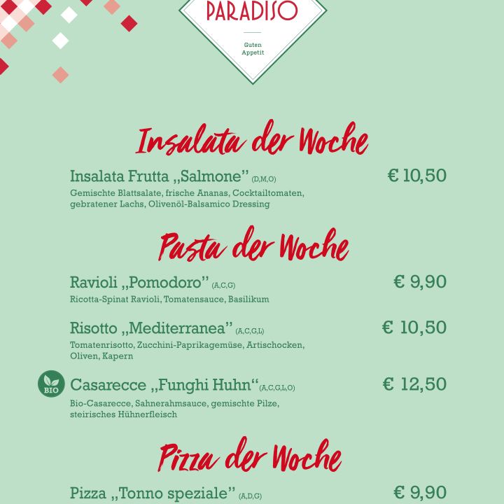 Eine grüne Speisekarte von Paradiso listet wöchentlich italienische Gerichte auf: Insalata Frutta „Salmone“, Ravioli „Pomodoro“, Risotto „Mediterranea“, Casarecce „Funghi Huhn“ und Pizza „Tonno speciale“. Die Preise liegen zwischen 9,50 und 12,50 Euro. Logos für Too Good To Go werden angezeigt.