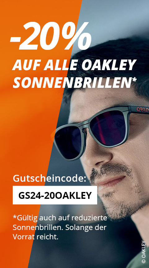 Ein Mann mit einer Oakley-Sonnenbrille ist in einer Anzeige zu sehen. Die Anzeige bietet 20 % Rabatt auf alle Oakley-Sonnenbrillen mit dem Code „GS24-20OAKLEY“, gültig solange der Vorrat reicht. Der Text ist auf Deutsch.