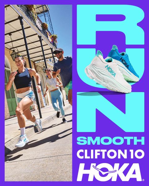 Drei Personen laufen im Freien auf einer sonnigen Straße. Neben ihnen sind Bilder von zwei Hoka Clifton 10 Laufschuhen und ein großer Text mit der Aufschrift „RUN SMOOTH CLIFTON 10 HOKA“ zu sehen.