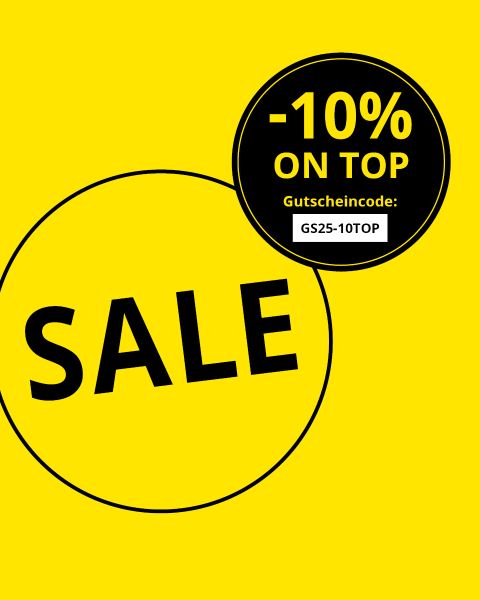 Leuchtend gelber Hintergrund mit großem schwarzem Text „SALE“ in einem Kreis. Oben rechts steht in einem schwarzen Kreis „-10% ON TOP“ und „Gutscheincode: GS25-10TOP“ auf Deutsch, was einen zusätzlichen Rabatt bietet.