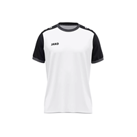 Ein kurzärmeliges Fußballtrikot mit schwarzen und weißen Längsstreifen, rosa Schulterstreifen und einem rosa Logo auf der Brust auf weißem Hintergrund.