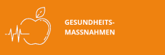 Ein weißer Umriss eines Apfels mit einer Herzschlaglinie befindet sich auf einem orangefarbenen Hintergrund. Daneben erscheint das deutsche Wort "GESUNDHEITS-MASSNAHMEN" in weißer Schrift.