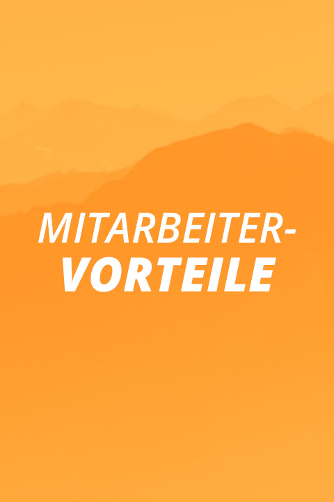 Weißer Text "MITARBEITER-VORTEILE" auf orangefarbenem Hintergrund mit dezenten Bergsilhouetten.