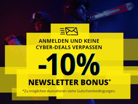 Gelbes Werbebanner mit schwarzem Overlay. Ein Mail-Symbol über dem Text: „Anmelden und keine Cyber-Deals verpassen.“ Es folgen fettes „-10 %“ und „Newsletter-Bonus*“. Hinweis: „*Zu möglichen Ausnahmen siehe Gutscheinbedingungen“ unten.