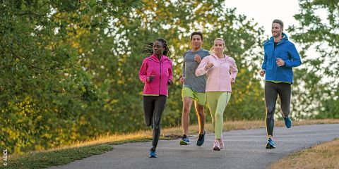 Vier Personen joggen auf einem gepflasterten Weg im Grünen. Sie tragen verschiedenfarbige Sportkleidung. Am Himmel ist der Text „LAUFSCHUH GUIDE“ zu sehen.