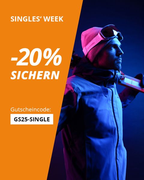 Ein Mann in Skiausrüstung, der Skier auf der Schulter trägt, steht vor einem blauen Hintergrund. Ein orangefarbener Bereich auf der linken Seite zeigt den Text: "Zum Singles' Day am 11.11. -20% sichern, Gutscheincode: GS25-SINGLE.