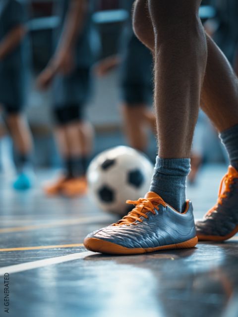 Nahaufnahme einer Person mit grauen und orangefarbenen Fußballschuhen, die in der Nähe eines Fußballs auf einem Hallenplatz steht, mit unscharfen Spielern im Hintergrund.