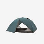Ein grünes, kuppelförmiges Campingzelt mit offenem Eingang, das auf einem schlichten weißen Hintergrund aufgebaut ist.