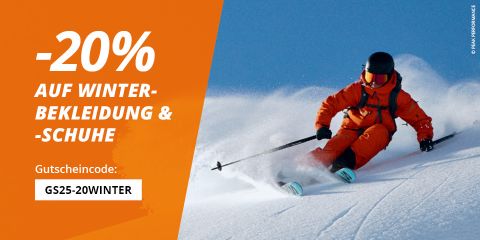Skifahrer in orangefarbenem Outfit beim Skifahren auf Schnee; Text bietet 20 % Rabatt auf Winterkleidung und -schuhe mit dem Rabattcode GS25-20WINTER.