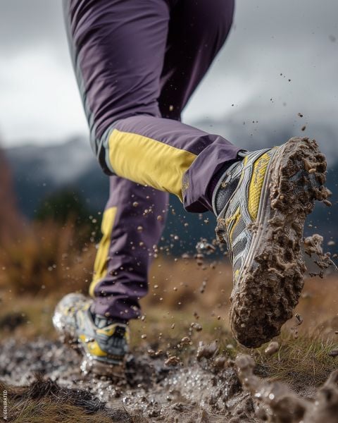 Eine Person, die im Freien in schlammigem Gelände läuft, wobei Schlamm von ihren Turnschuhen und Beinen aufspritzt, und die eine lila und gelbe Sporthose trägt.