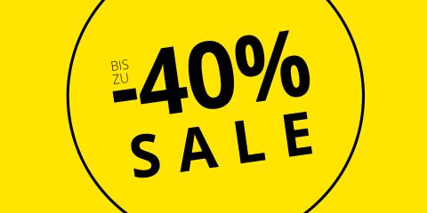 Gelber Hintergrund mit fetter schwarzer Schrift: "BIS ZU -40% SALE" innerhalb eines schwarzen Kreises, der auf einen Rabatt von bis zu 40 Prozent hinweist.