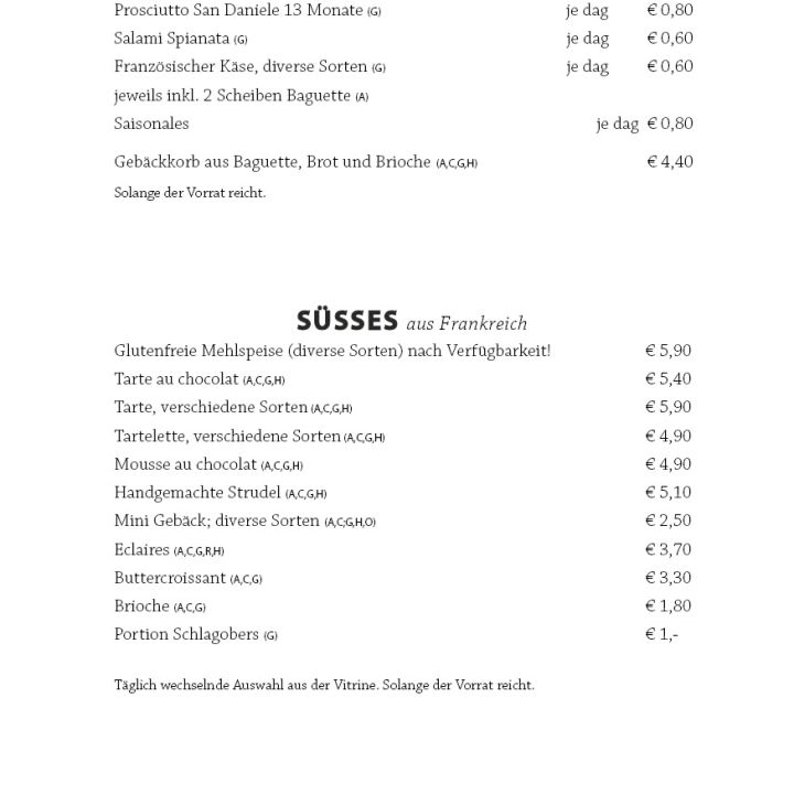 Speisekarte in deutscher Sprache mit Auflistung von Fleisch, Käse, Brot und Desserts, mit Preisen. Informationen zu Allergenen finden Sie am unteren Rand. Artikelbezeichnungen und Preise sind in schwarzer Schrift auf weißem Grund angegeben.