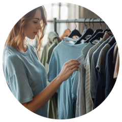 Eine Frau stöbert in einem Bekleidungsgeschäft durch ein Regal mit Freizeithemden und wählt ein gestreiftes Hemd unter verschiedenen blauen und neutralen Modellen aus.