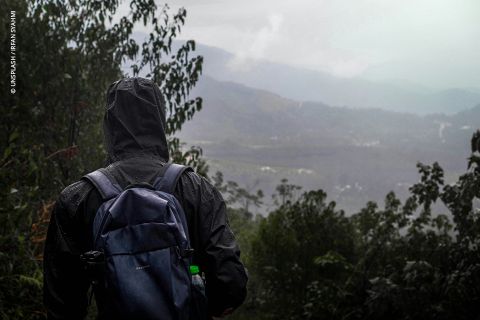 Eine Person in Regenjacke und Rucksack steht zwischen nassen Bäumen und blickt auf neblige Hügel in der Ferne.