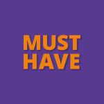 Orangefarbener Text mit der Aufschrift "MUST HAVE" auf einem lila Hintergrund.