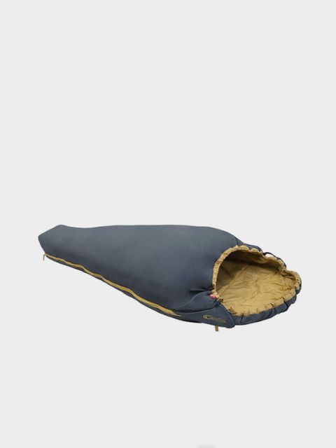 Auf hellgrauem Untergrund ist ein dunkler Mumienschlafsack mit hellbrauner Innenseite abgebildet. Oben ist in fetten, weißen Buchstaben der Schriftzug „SCHLAFSÄCKE“ zu lesen.