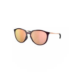 Sonnenbrille mit schwarzem Rahmen und runden, reflektierenden roségoldenen Gläsern auf weißem Hintergrund.