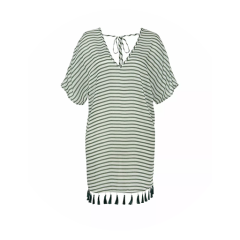 Weiß-schwarz gestreiftes, kurzärmeliges Kleid mit V-Ausschnitt, Bindeband am Kragen und Quastenfransen am Saum.