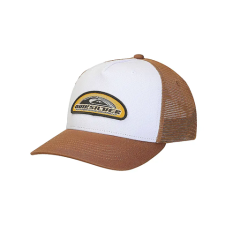 Braun-weißer Trucker-Hut mit Mesh-Rücken und Quiksilver-Logoaufnäher auf der Vorderseite auf einfarbig weißem Hintergrund.
