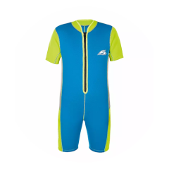Kurzärmeliger Neoprenanzug mit kurzen Beinen in Blau mit neongrünen Seiten und Ärmeln, Frontreißverschluss und einem kleinen Logo auf der Brust.