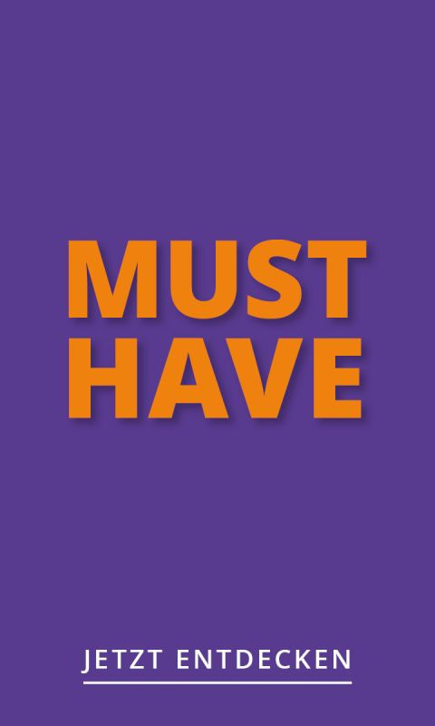 Fetter orangefarbener Text "MUST HAVE" auf einem lila Hintergrund.