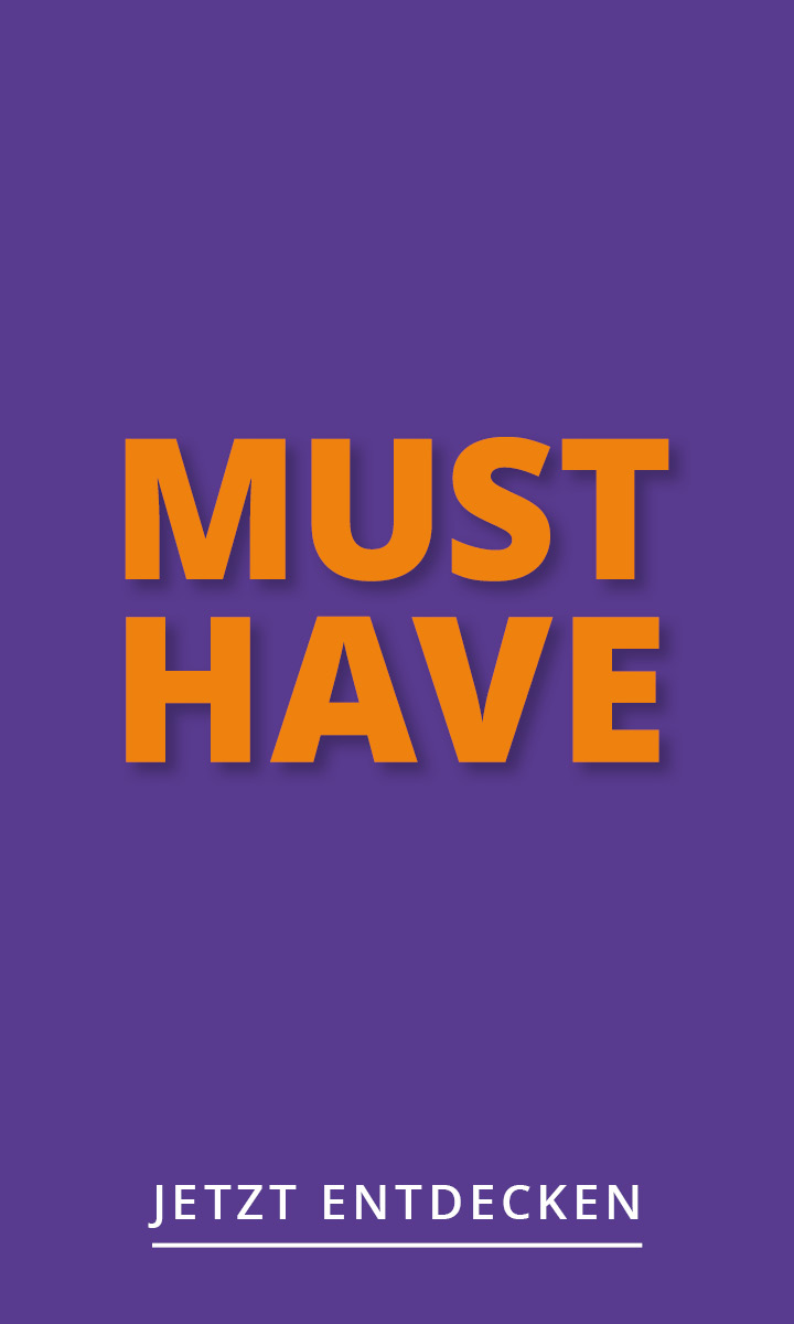 Fetter orangefarbener Text "MUST HAVE" auf einem lila Hintergrund.