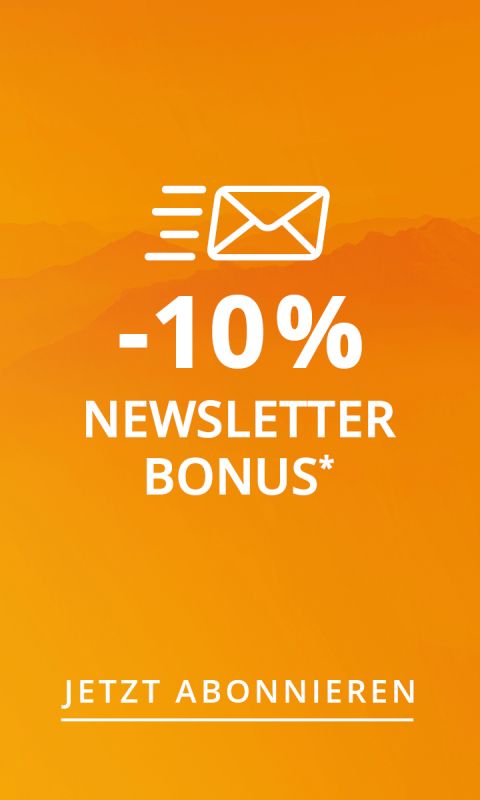 Orangefarbener Hintergrund mit einem Umschlagsymbol oben. Der Text lautet: „-10 % auf Ihren nächsten Einkauf bei Anmeldung zum Newsletter sparen*“ in Weiß.