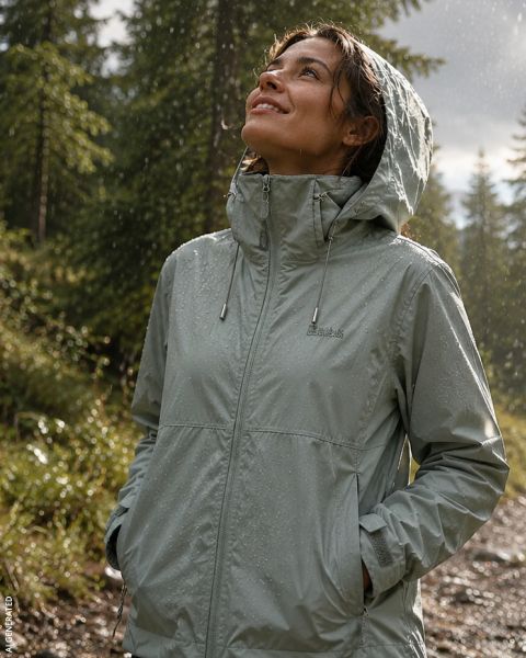 Eine Person in einem roten Regenmantel geht im Regen auf einem schlammigen Waldweg, umgeben von hohen Kiefern und nassen Felsen.
