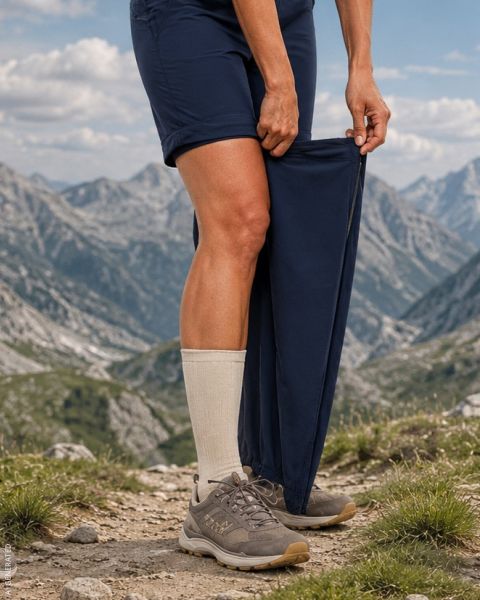 Person im Freien auf einem felsigen Bergpfad, die den unteren Teil ihrer marineblauen Hose mit einem Reißverschluss in eine kurze Hose umwandelt, die beigefarbenen Socken und Wanderschuhe zum Vorschein bringt.