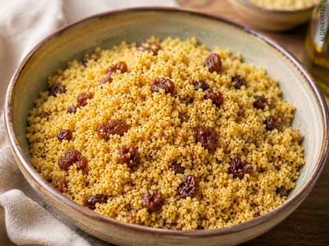 Eine Schale mit gekochtem Couscous, gemischt mit Rosinen, auf einer Holzunterlage neben einer beigen Serviette.